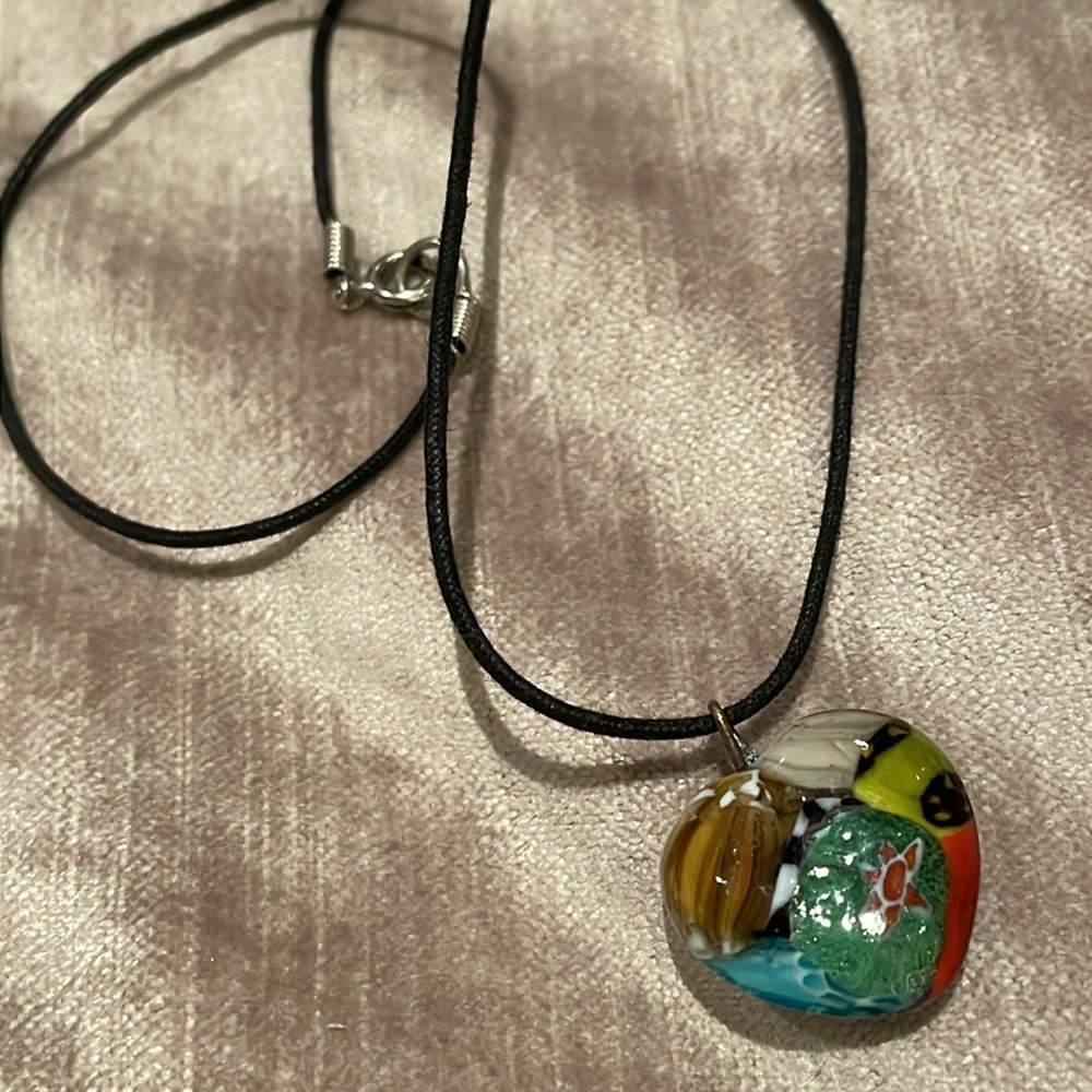 Glass Multicolored Heart Venetian Murano Necklace Corded 14” Choker